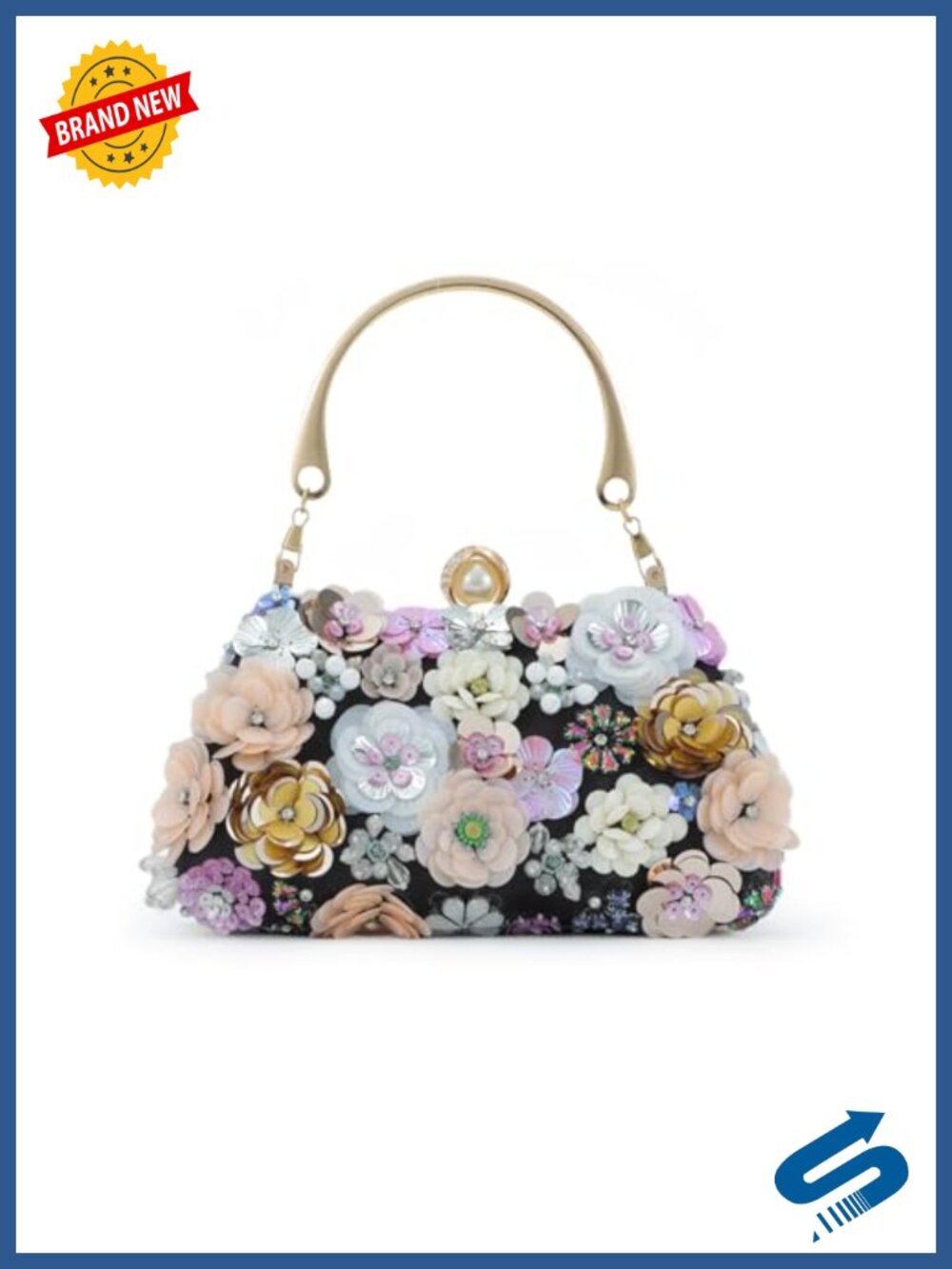 3D Floral Evening Clutch Beaded Sequin Crystal Chain Strap Wedding Formal Purse